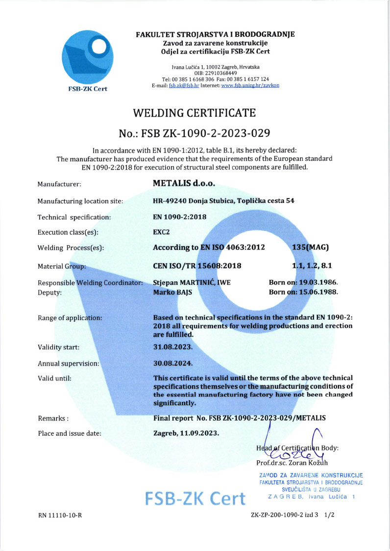 CERTIFICATE OF QUALITY REQUIREMENTS COMPLIANCE FOR FUSION WELDING ACCORDING TO HRN EN ISO 3834-3:2021.