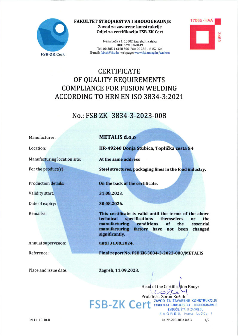 CERTIFICATE OF QUALITY REQUIREMENTS COMPLIANCE FOR FUSION WELDING ACCORDING TO HRN EN ISO 3834-3:2021.