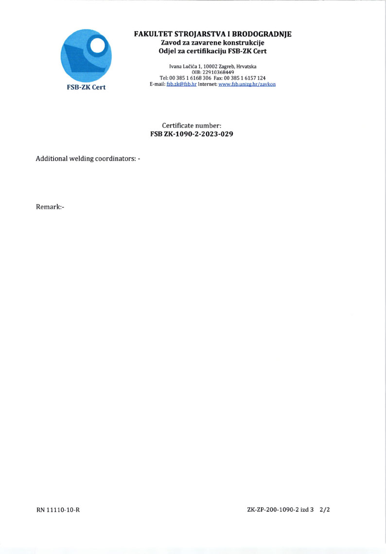 CERTIFICATE OF QUALITY REQUIREMENTS COMPLIANCE FOR FUSION WELDING ACCORDING TO HRN EN ISO 3834-3:2021.