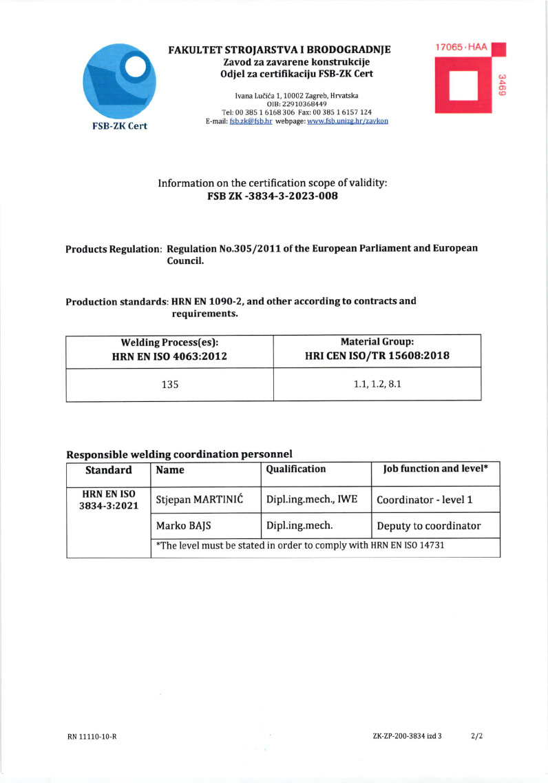 CERTIFICATE OF QUALITY REQUIREMENTS COMPLIANCE FOR FUSION WELDING ACCORDING TO HRN EN ISO 3834-3:2021.